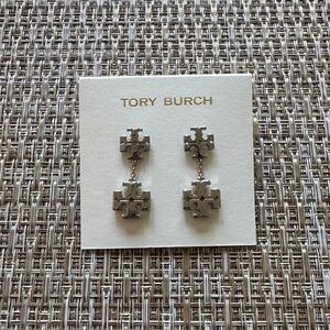 NWT Tory Burch Silver Double-Tier Logo Dangle Earrings